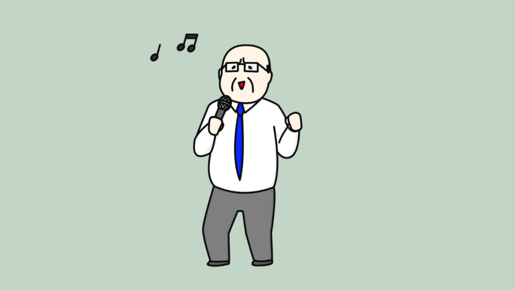 Middle-aged man singing karaoke on stage