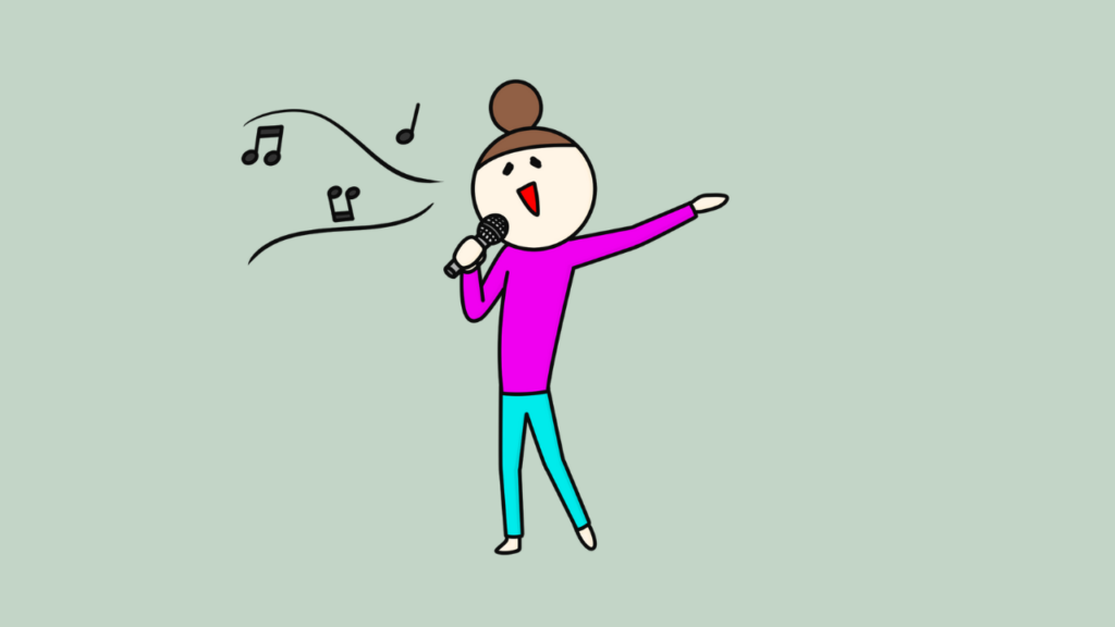 Young woman singing karaoke into a microphone